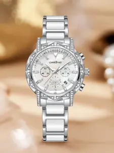 Women's Luxury Quartz Watch, Steel Strap Silicone Band, Large Dial Embellished Stones, Casual Style, Silver Color, All Seasons, Quartz Analog Watch, Fashionable Wristwatch
