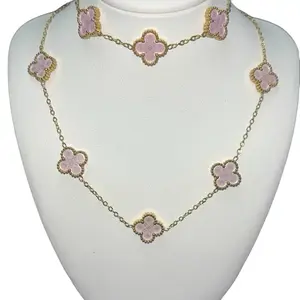 Pink Clover Set Bracelet & Necklace Gold-Tone Chain Fashion Jewelry for Women
