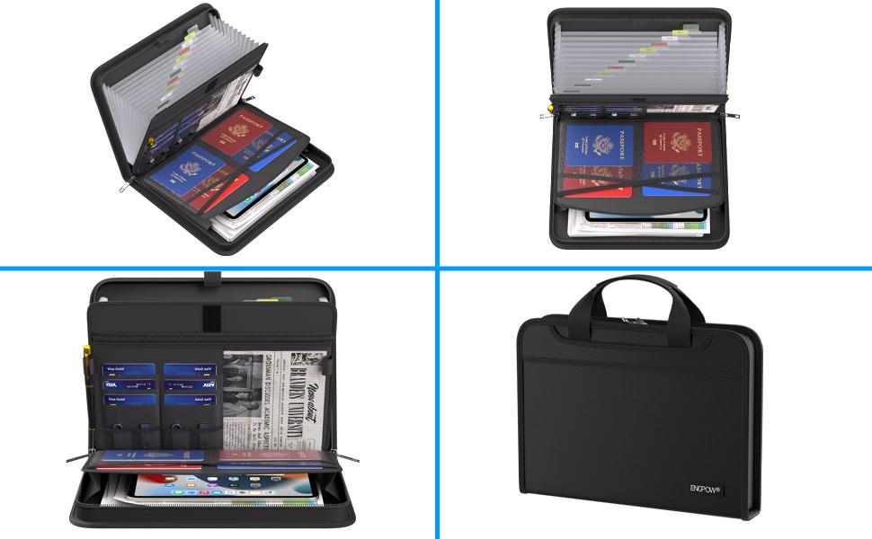 Accordion File Organizer, Fireproof Expanding File Folder with 13 Pockets Document Organizer with Handle & Labels, Portable Home Travel Safe Storage for Letter A4 Files and More, Black