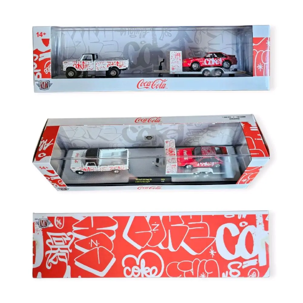 ​M2 Machines Coca-Cola Auto-Haulers Set - '66 Ford Pickup & '68 Chevrolet Camaro with Trailer - New in Box
