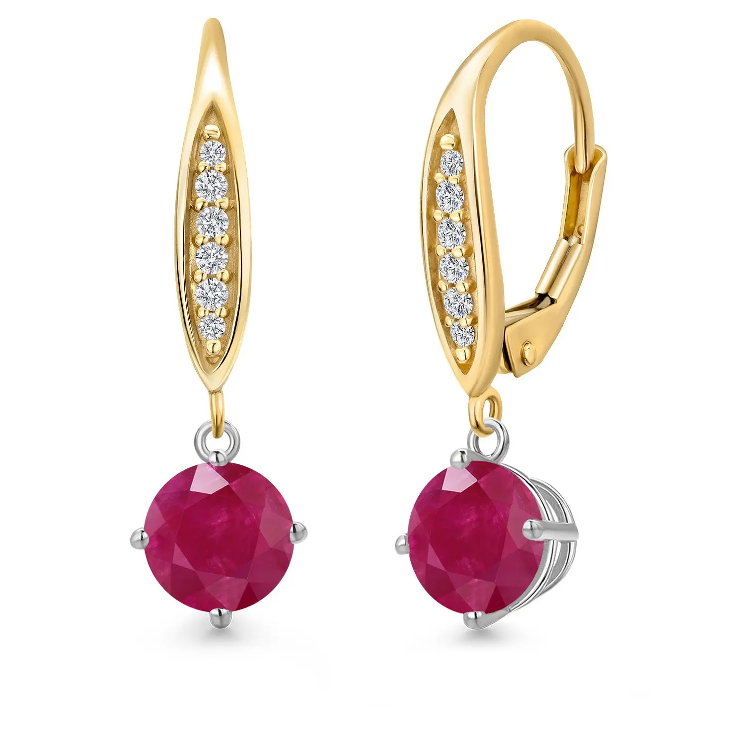 Gem Stone King 925 Silver and 10K Yellow Gold Red Ruby and Lab Grown Diamond Dangle Earrings for Women | 2.10 Cttw | Gemstone July Birthstone | Round 6MM