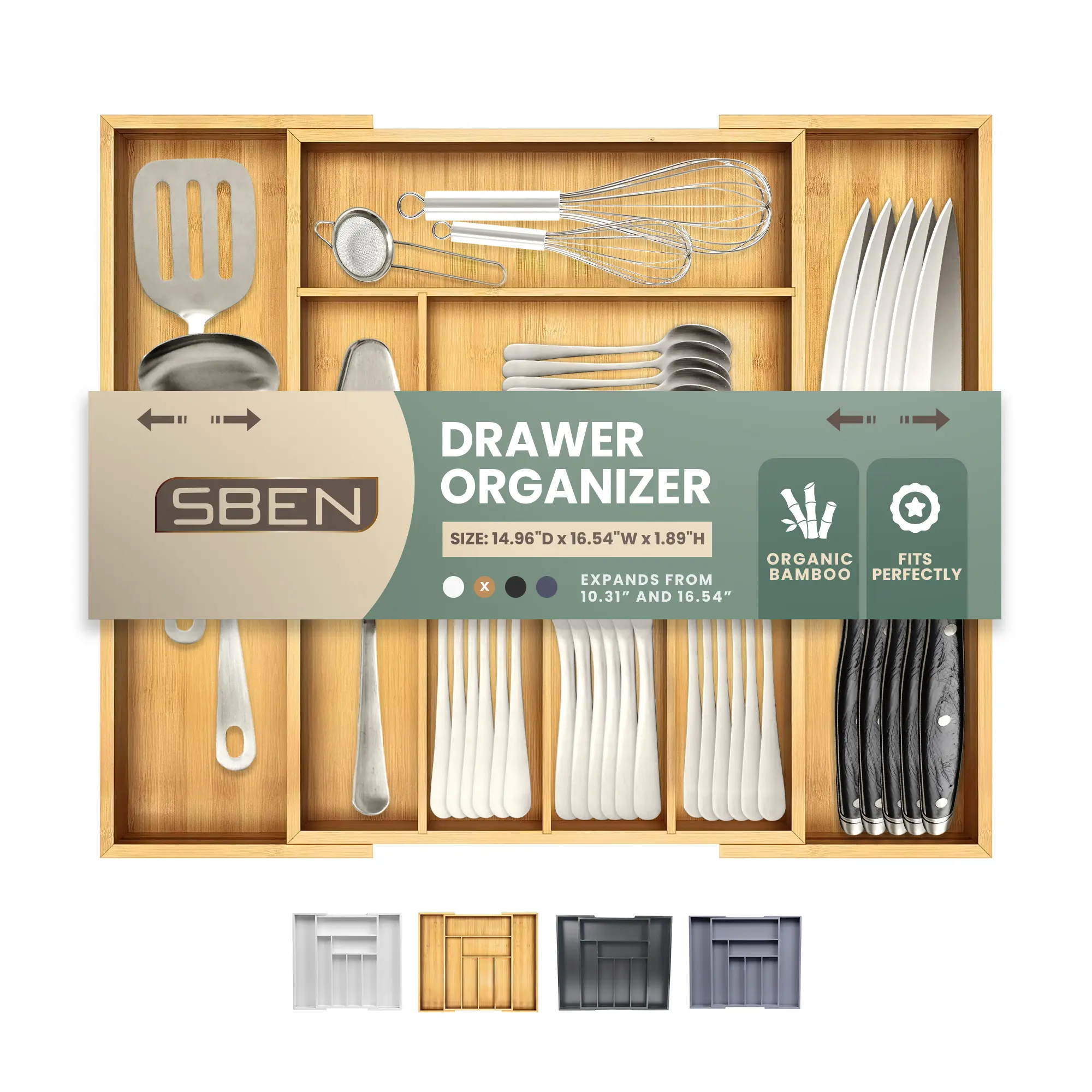 Sben Expandable Drawer Organizer for Utensils Holder, Adjustable Cutlery Tray, Wood Drawer Dividers Organizer for Silverware, Flatware, Knives for Kitchen