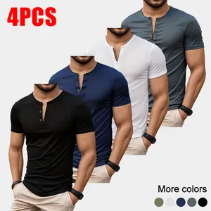 4-pack men’s solid-color casual short-sleeve Henley shirts, lightweight button closure, suitable for casual work and sports, comfortable breathable fabric, ideal for everyday summer wear and outdoor activities.