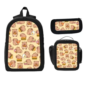 Capybara-Themed Gourmet Backpack Set Black Cute Backpack + Lunch Bag + Pencil Case Three-Piece Set