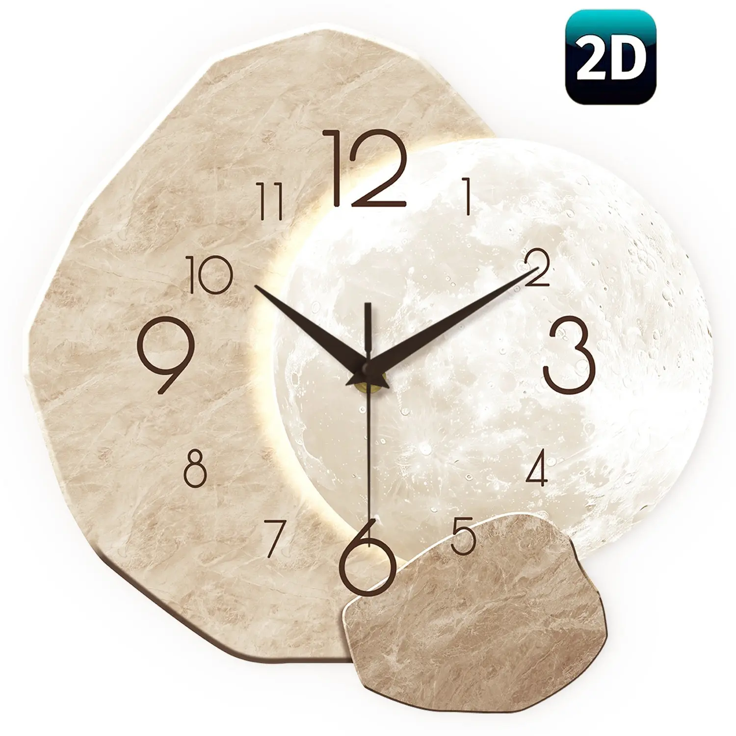 Creative Moon-Design Modern Silent Wall Clock, Decorative Clock for Home, Living Room, Bedroom & Office