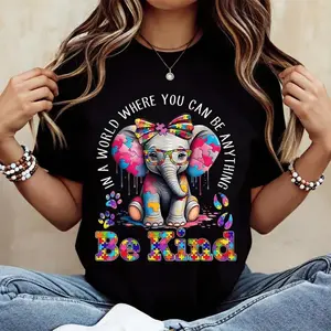 Animal Puzzle Pattern Be Kind Print Casual Crew Neck T Shirt Designed for Women and Girls Durable Stitching for Long Lasting Wear