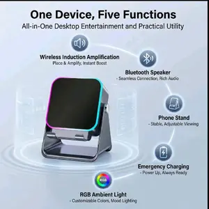 Wireless Induction Audio Speaker Stand with Bluetooth Phone Holder, 5-in-1 Charging Station for iPhone iPad, Adjustable Phone Dock, Portable Desk Stand for Home Office