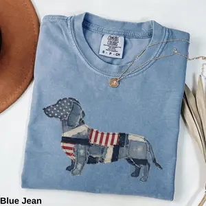 Comfort Color PRINTED Dachshund T-Shirts: Faux Denim Patchwork, American Flag, 250 Years USA Celebration