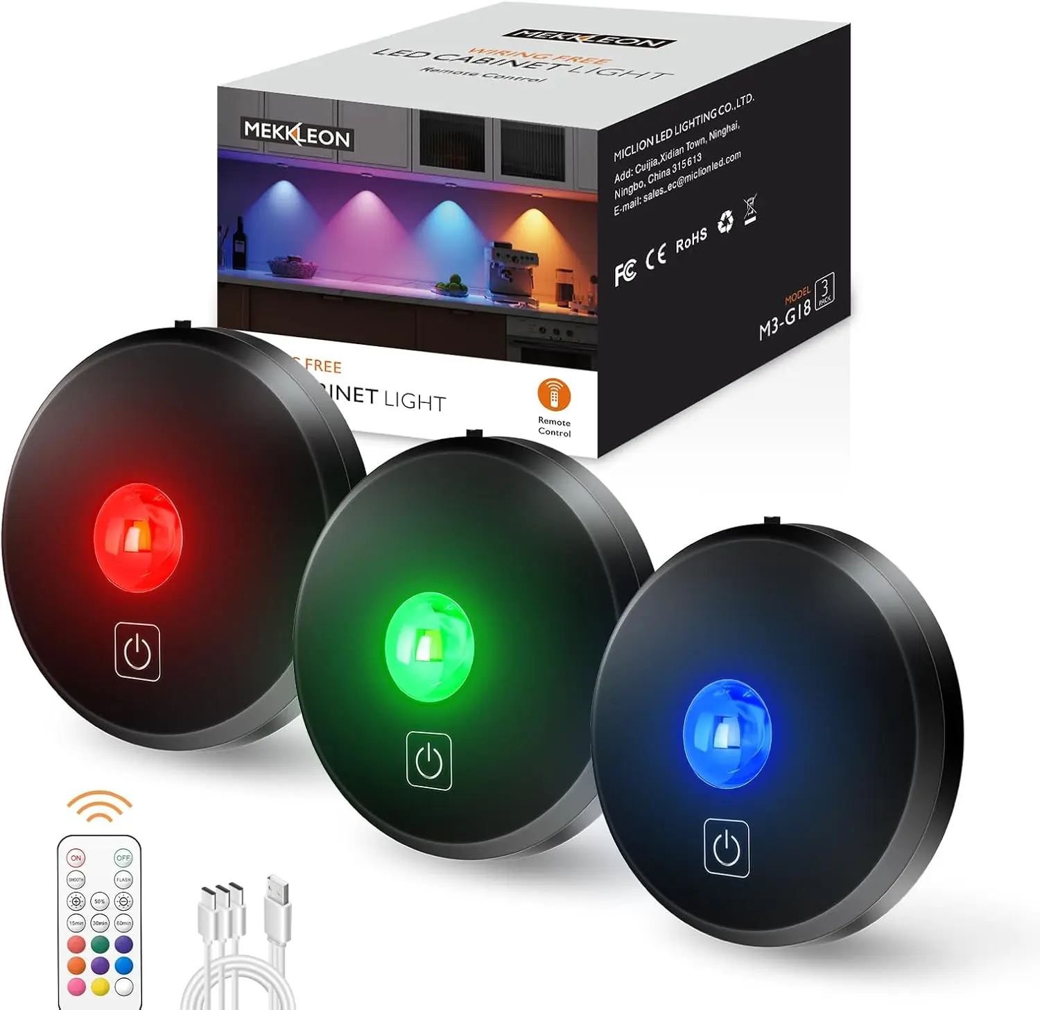 Black 3-Pack Rechargeable RGB Puck Color-Shifting Aesthetic Light-Emitting Tap Lights with Remote Control, 2000mAh Stick-On 3-Head Touch Operation, 9 Colors, 2 Dynamic Modes, Timing, Under Cabinet Lighting for Kitchen, Closet, Color-Shifting Tap Lights