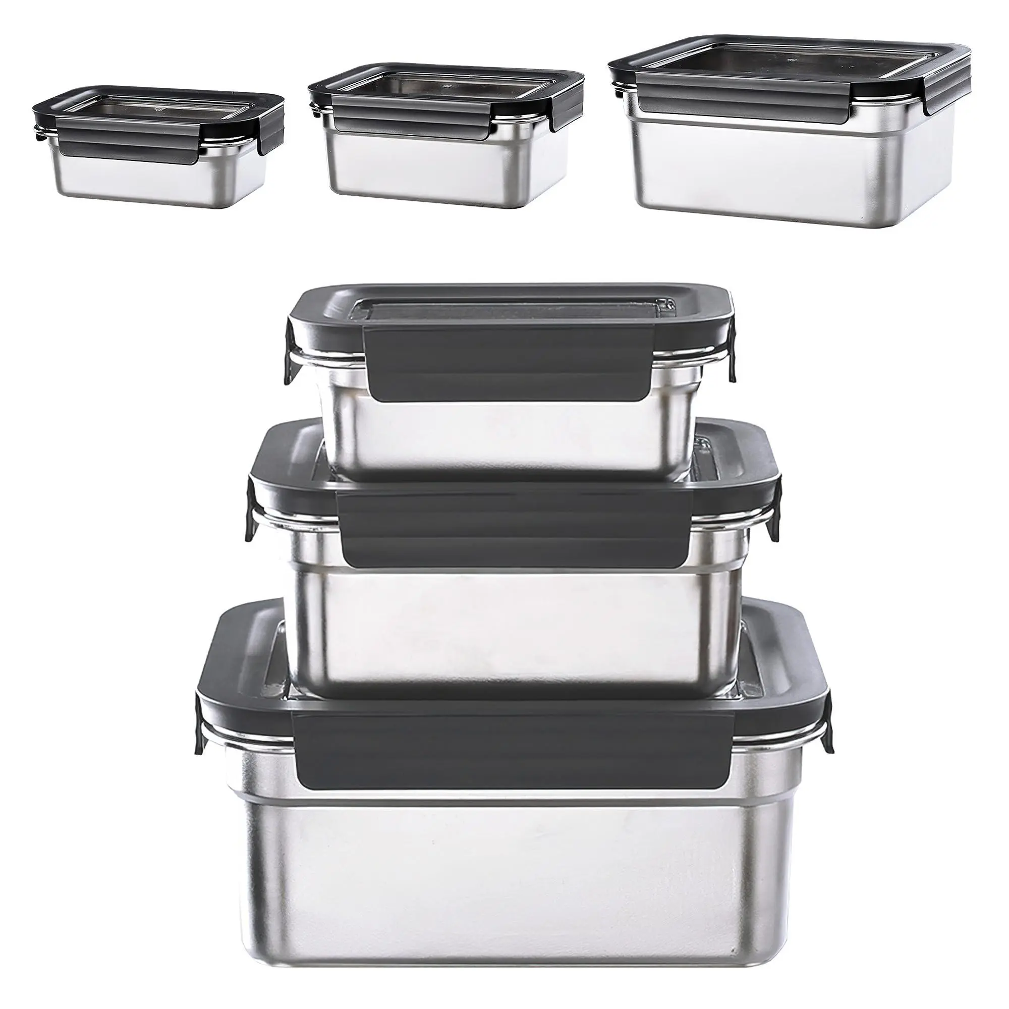3Pcs 304 Stainless Steel Food Storage Containers with Lids, Nestable & Stackable, Leak-Proof Silicone Seal, 2500ML+1100ML+450ML, Dishwasher Safe, Straight Edge Black, Reusable Lunch Boxes