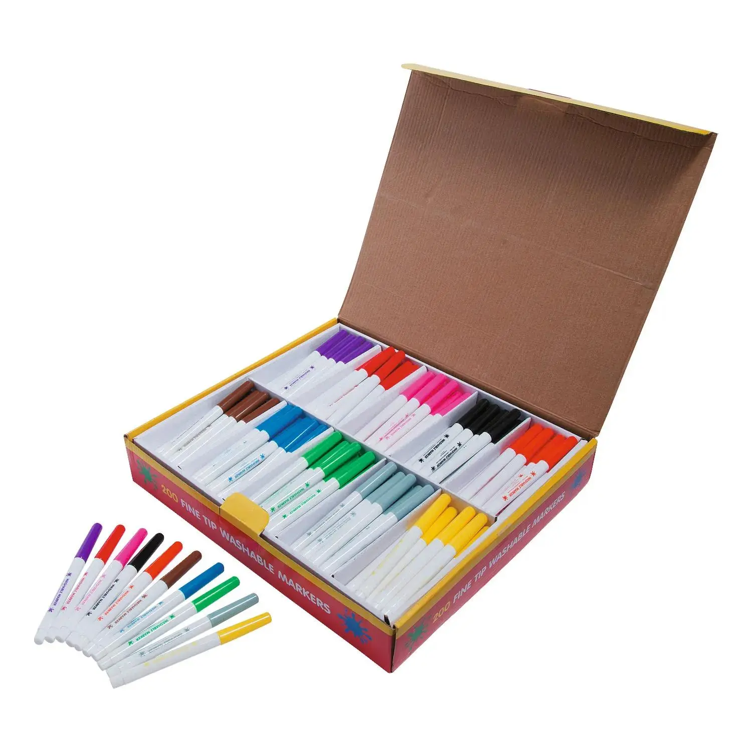 Oriental Trading Company 5 1/2" Fine Tip Washable Markers - Bulk 200-Pc Assorted 10-Color Set, 13 1/4" x 11 1/4" x 2 1/2" Box, Art for Kids Classroom Arts & Crafts Supplies