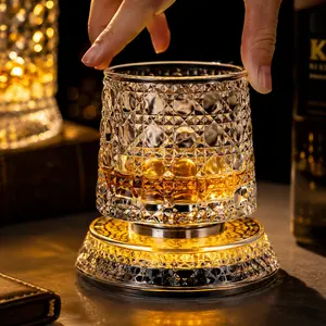 Stylish Rotating Crystal Whiskey Glass - 260ml Spinning Tumbler with LED Light Base, Clear Home Bar Glass for Cocktails & Gifting, Classic Father’s Day Party Gift