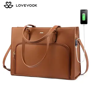 LOVEVOOK Laptop Bag for Women,15.6 inch Vegan Leather Waterproof Work Tote Bag Briefcase with USB Charging Port， PU Leather Computer Handbag Shoulder Bag ，Large Professional Teacher Bag for Travel Business School