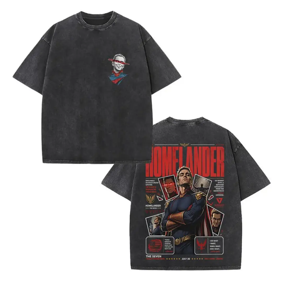 Retro Homelander Laser Eye Small Chest Headshot Print & Large Red "HOMELANDER" Header Multi Frame Quote Character Collage Back Graphic Dual-Sided Vintage Washed Black T-Shirt, Unisex Oversized Heavyweight Cotton Streetwear Top, Ideal Gift for Homelander F