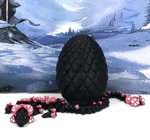 3D Printed Dragon with Egg, Articulated Black and Red Mushroom Dragon, 12 Inches Fidget ADHD Autism Toy D038-BE