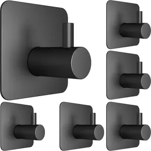6Pcs Adhesive Towel Hooks Heavy Duty Wall Hook Black Square Hooks for Hanging Coat Hat Towel Robe Clothes Shower Hook for Door Office Kitchen Bathroom Water Resistant Durable Stainless Steel