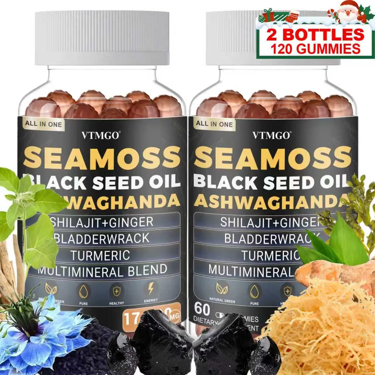2 PCS - Sea Moss  Black Seed Oil Ashwagandha Ginger Gummies - Dietary Supplement for Energy Levels, Cognitive Health, Skin Health, and Mood Management