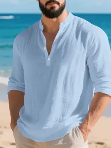 Men's Summer Linen Henley Long Sleeve! Lightweight, breathable, and sweat-free, with a loose, draping fit—perfect for beach vacations, commutes, and casual occasions