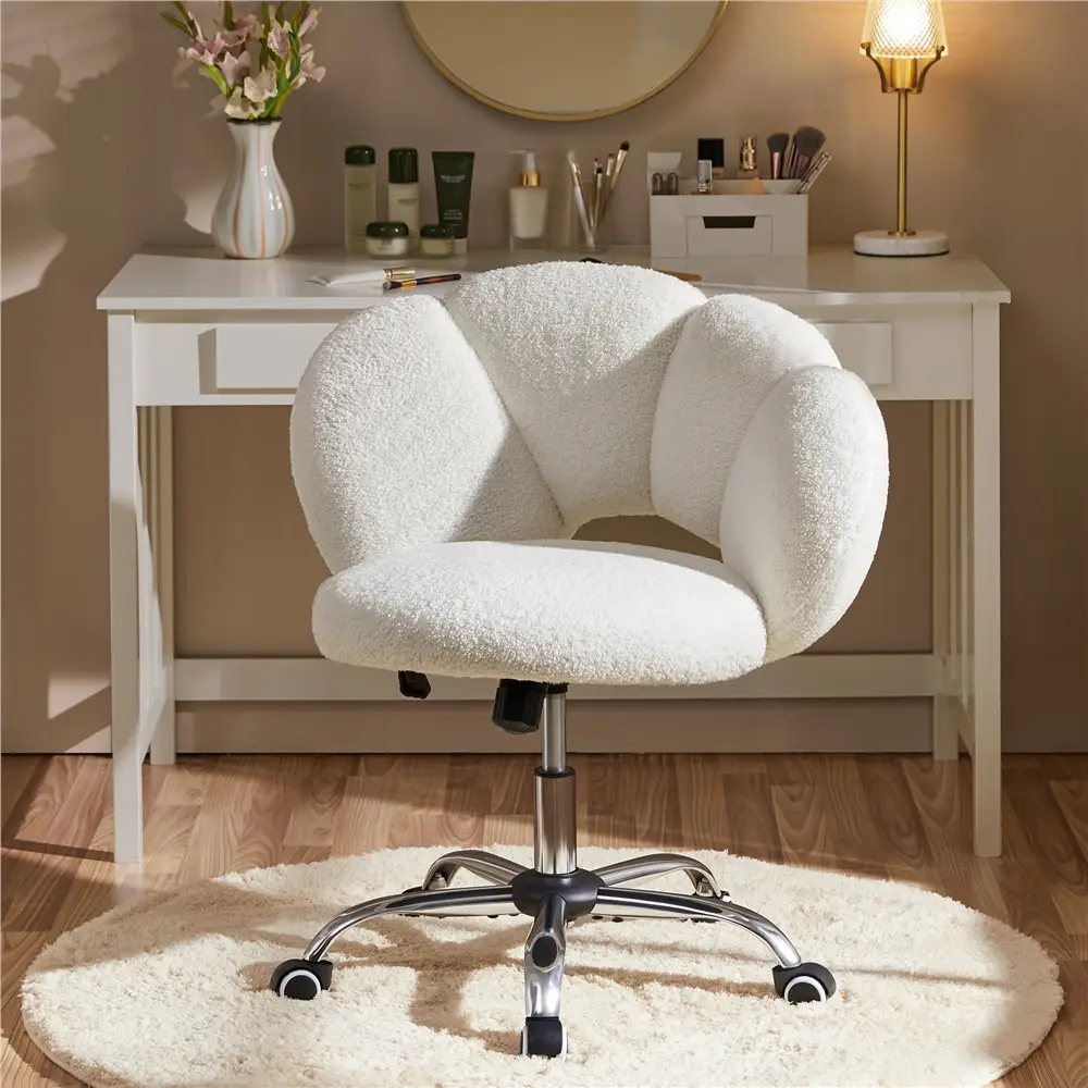 Yaheetech Boucle Upholstered Desk Chair, Rolling Makeup Vanity Chair with Cloud-shaped Backrest, Adjustable Seat Height for Bedroom Home Office Vanity