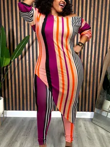 【Plus Size】 Two-Piece Set Colorblock Striped Print Asymmetrical Hem Tee & Elastic Waist Pants, Casual Three Quarter Length Sleeve Top & Skinny Trousers for Daily Wear, Women's Two-piece Outfits for Fall & Winter