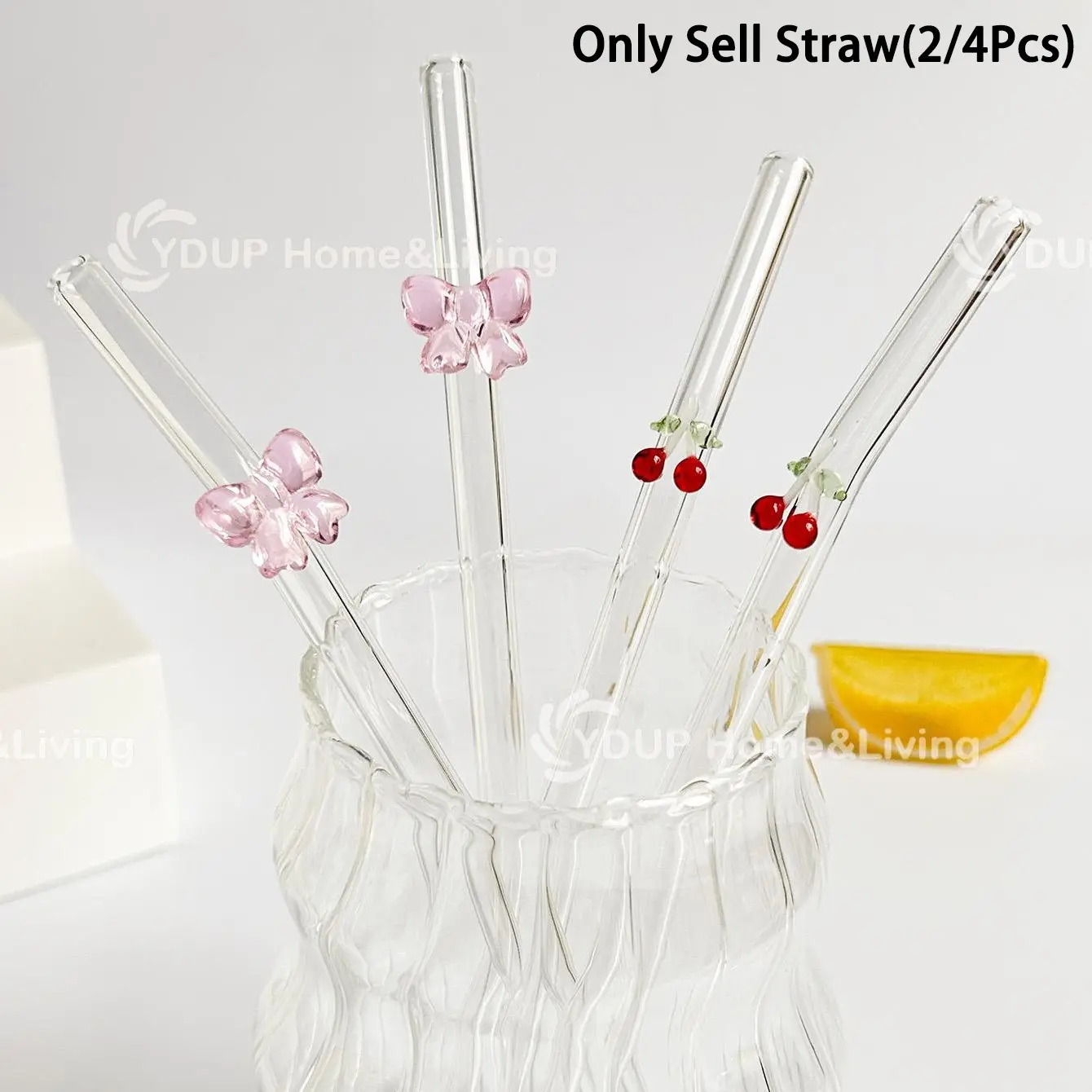 Cute Cartoon Glass Straws, Reusable Drinking Straws, Utensils, Bendable Reusable Design, Cherry Bow Shape, Unique Shapes, for Beverage, Ice Smoothies, Milk Tea, Juice, Desserts, Picnics, Beach Parties, Birthday