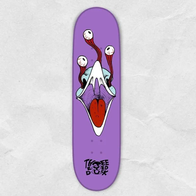 SCREAMING DUCK Skate Deck - PURPLE - 8.00 - 7 ply maple deck - three eyed duck purple design skateboard