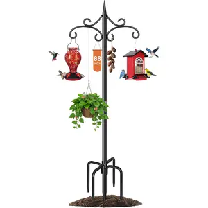 Heavy Duty Double Shepherd Hooks for Outdoor with 5-Prong Base, 88inch Adjustable Decorative Metal Bird Feeder Pole for  Bird Nests,  Baskets, Solar Lights, Lanterns, 1 Pack