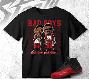 Unisex T-shirt to match Jordan 12 Flu Game Red Black White - Bad Boys. 100% Cotton for Casual Wear. Comfortable Summer Unisex T-Shirt to match Jordan Sneaker. Streetwear Style. urban outfitters