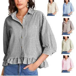 Women's 3/4 Sleeve Striped Button-Down Shirt Cropped Ruffle Hem Casual Collared Drop-Shoulder Cotton Blouse Summer Top