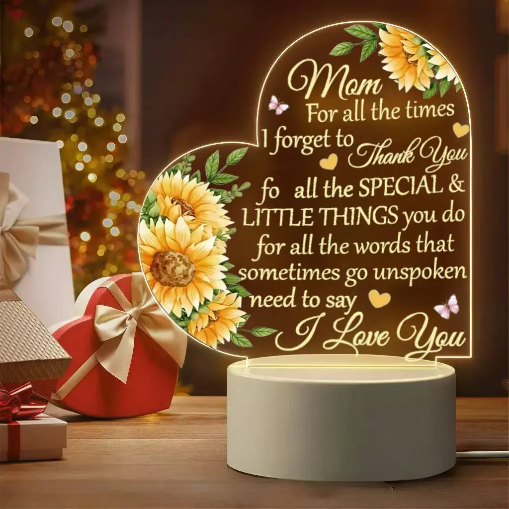 Heart Shaped Acrylic LED Night Light with Sunflower Butterfly Design, Sentimental Thank You Mom Gift from Daughter Son, Warm Bedroom Desk Lamp for Halloween Thanksgiving Christmas