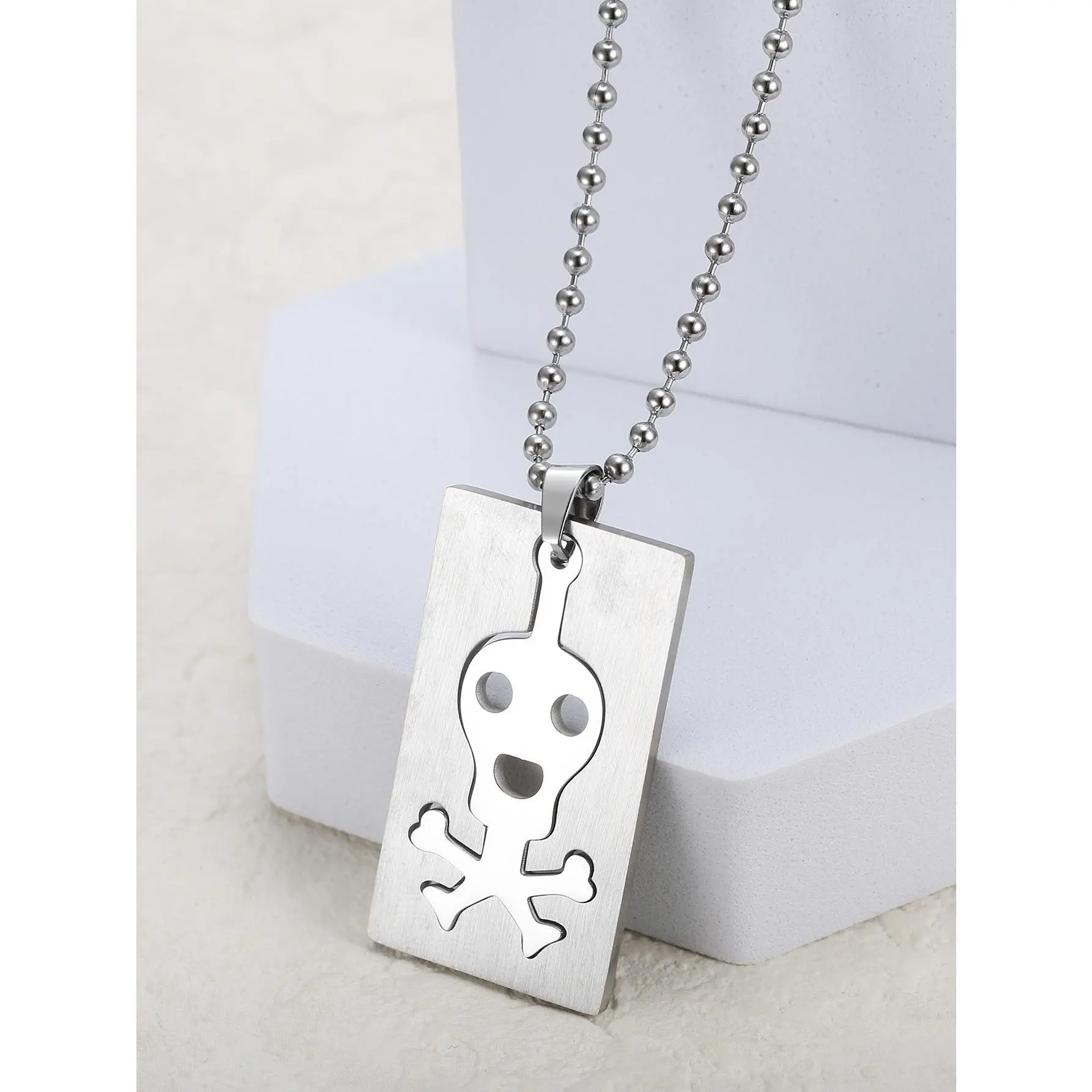 Stainless Steel Dog Tag Necklace with Edgy Hollow Cutout Skull & Crossbones Pendant, Silvery Geometric Costume Jewelry for Unisex Casual & Party Wear, Custom Hollow Skull & Crossbones, Chain Jewelry Necklaces, Custom Hollow Cutout