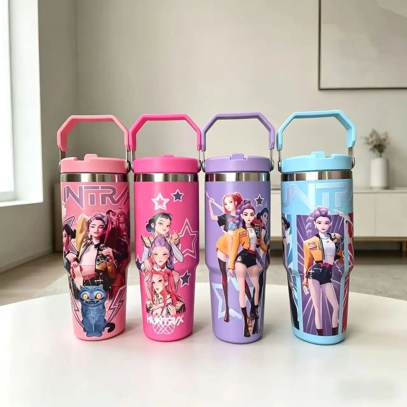30oz K-pop girl group vacuum insulated water bottle - double-walled stainless steel leak-proof water bottle, large capacity travel mug with straw, suitable for car and office use.
