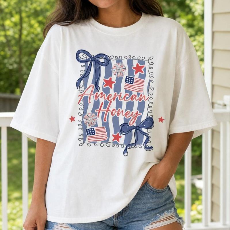 Women's 100% Cotton Plus Size Crew Neck T-Shirt with Bow Accent, Drop Shoulders, Loose Oversize Fit - 4th of July Patriotic Flag Casual Wear for Ladies, Plus Size Clothes