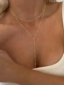 One double layered round bead chain Y-shaped necklace with fashionable and simple tassels, suitable for daily wear, vacation and dating occasions, and also a surprising and exquisite small gift.