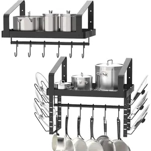 Wall Mounted Pot Racks Set of 2, Black Kitchen Cookware Hanging Shelves with Towel Bar and 12 Hooks, Pots Pans Lids Storage Organizer