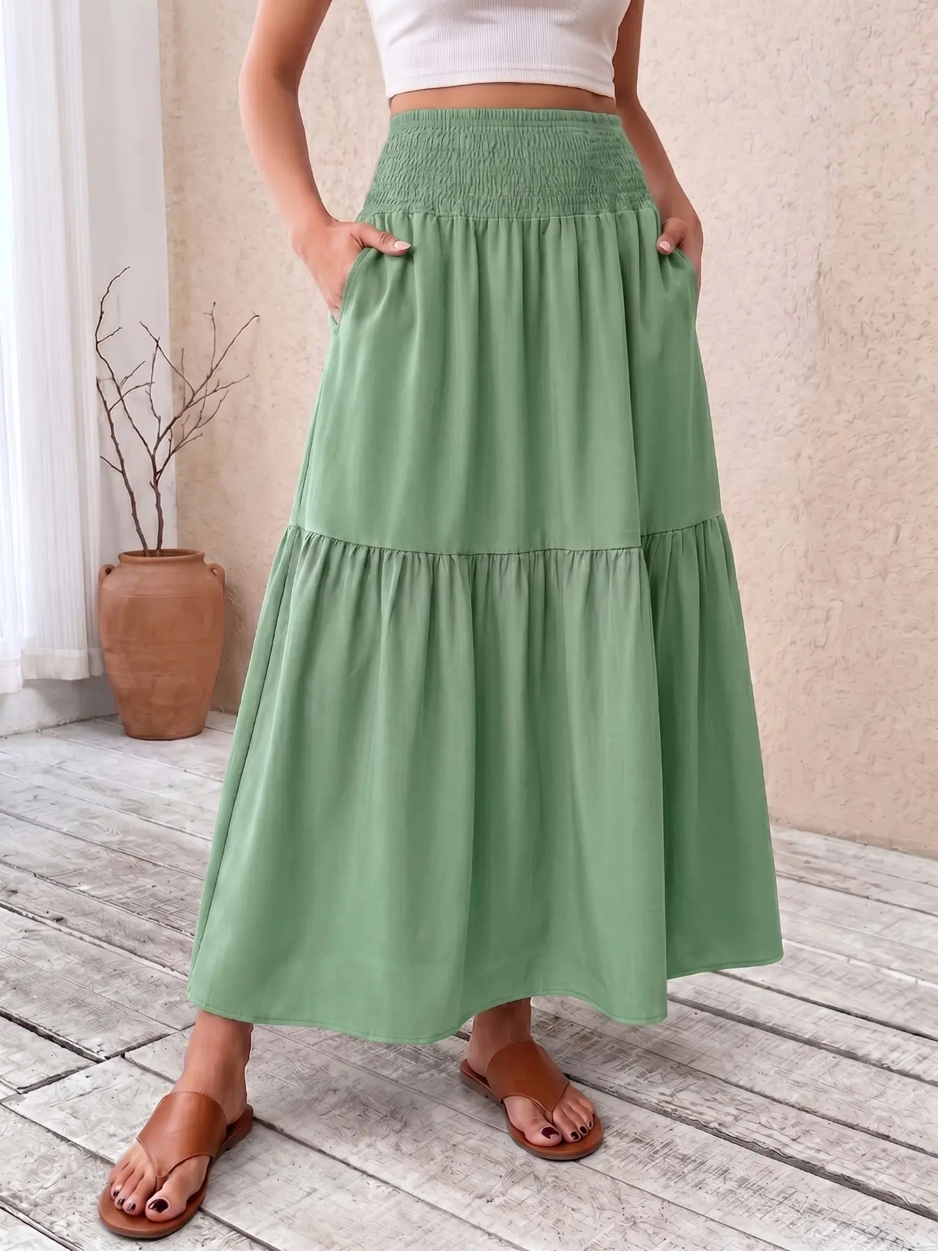 Women's Casual Fit Solid Color Elastic Waist A-Line Skirt with Pockets, Spring Summer Fashion Elegant Ruffled Hem Retro Half Dress, Perfect for Daily Wear