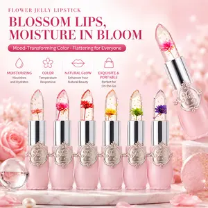 Dried flower lipstick that enhances lip appearance; glossy cream makeup product.