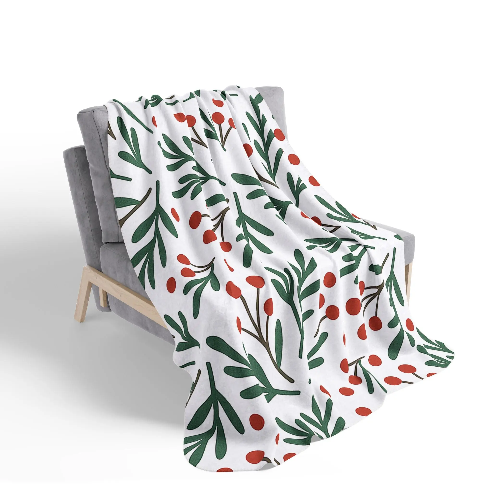Christmas-Inspired Fleece Sherpa Blanket - Fluffy Bed Warmer, Botanicals-Design Cozy Bedding Throw for Holiday Use, Fluffy Blankets, Bed Warmer Blankets