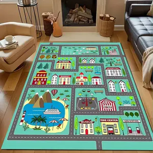 Cartoon-style chessboard city roads and house pattern home rug living room bedroom kitchen mat home decoration area rug holiday gift for family and friends