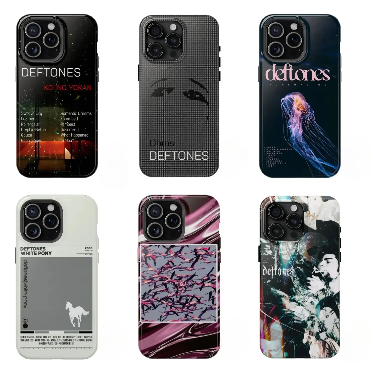 Six Deftones album-themed phone cases, including designs such as Koi no Yokan, Ohms, Gore, and White Pony, are compatible with iPhone 17/16/15/14/13/12/11 Pro Max/Plus and Samsung Galaxy S23FE/22/23/24/25 models, making them a perfect gift for fans. tikto