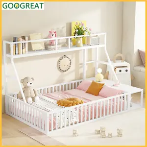[GOOGREAT]Bed Full Size Floor Bed Frame With Safety Fence, Metal Floor Bed With Desk And Storage Shelves, Playhouse For Kids, White