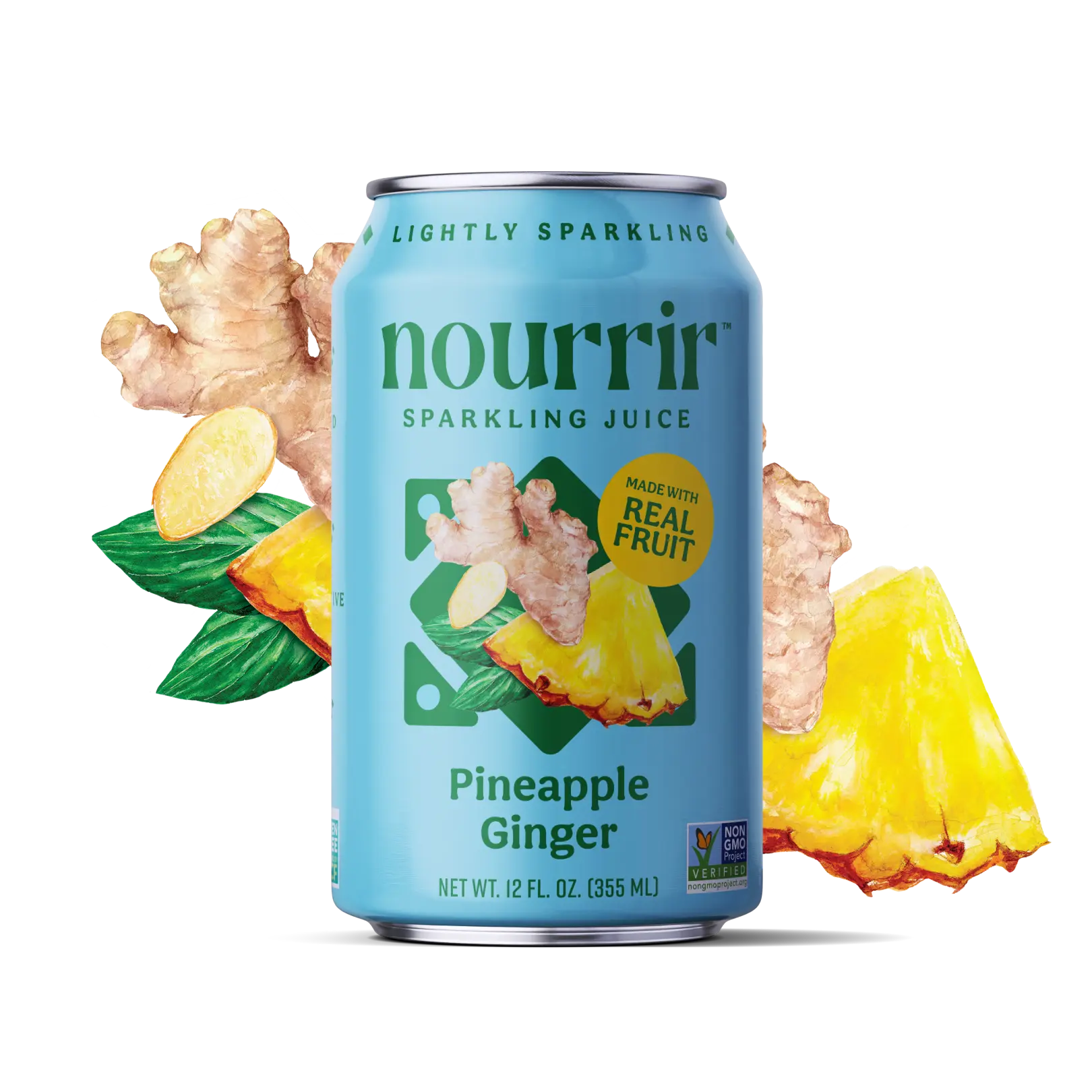 Nourrir Pineapple Ginger Sparkling Juice - Refreshing Tropical Drink with Real Pineapple Juice & Organic Ginger, 24 Months Purified Sparkling Water - Beverage