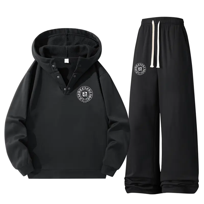 Men's Casual Printed 2-Piece Menswear Set, Loose-Fitting Long Sleeve Polyester Hoodie Top and Matching Pants with Drawstring, Pullover