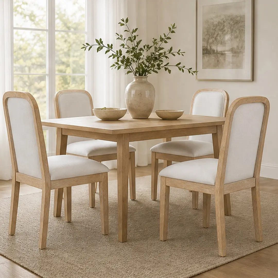ARCH TREXM Vintage Mid-Century Cushioned Dining Chair Set of 4, Upholstered Linen Fabric Seat, Curved Back Solid Wood+MDF, Natural Wood Wash/Espresso Options, 300LBS Capacity, Anti-Slip Pads for Dining Room, Cushioned Dining Chairs