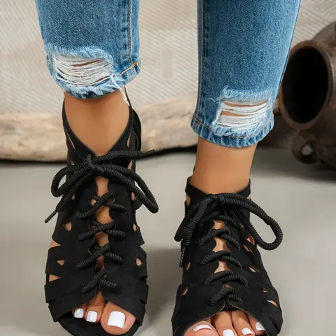Roman Casual Flat Plain Sandals, Lace-Up Zipper Design, Summer Low Top Women's Open Toe Footwear