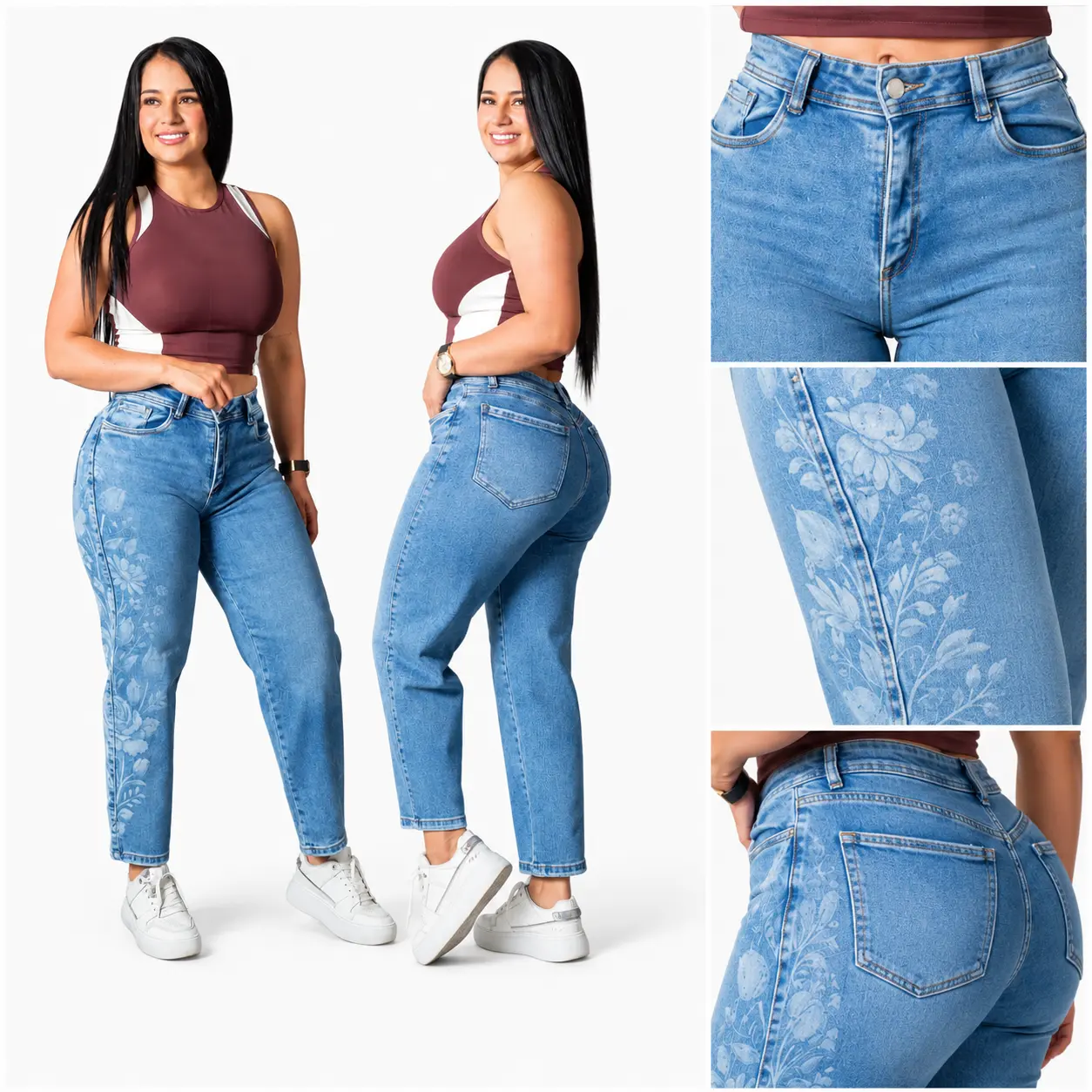 Jeans Colombian Womens Colombian high- Waisted Barrel Jeans- Floral Laser Strech Demin Pants