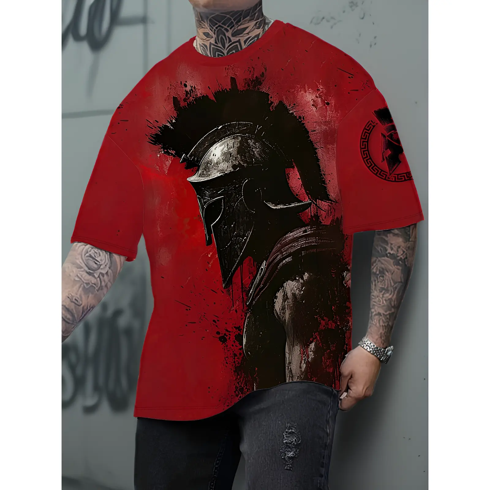 Men's Crew Neck T-Shirt with 3D Warrior Armor Print, Casual Street Wear, Regular Fit, Polyester Elastane Stretch Fabric, Short Sleeve, Plus Size