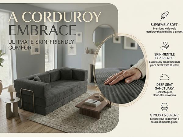 Convertible Sofa Bed with Fixed-Shape Frame & Removable Armrests, Modular Corduroy Sleeper Sofa, Folding Mattress Couch for Small Spaces - No Assembly Needed in Green (Includes 2 Pillows)