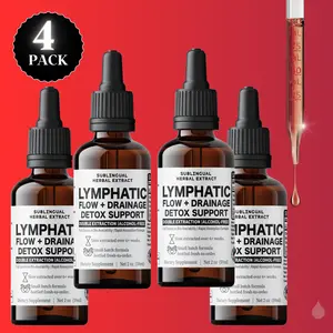 4 Pack: Lymphatic Flow & Drainage Support Drops - Herbal Extract - Mullein Leaf & Dandelion Root - Cayenne - Vegan - 60 Servings - Alcohol-Free - 2 oz Bottle - US Made
