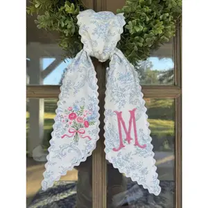 Embroidered Floral Coquette Wreath Sash, Custom Monogram Toile Sash, Embroidered Floral Bow, Scalloped Nursery Decor